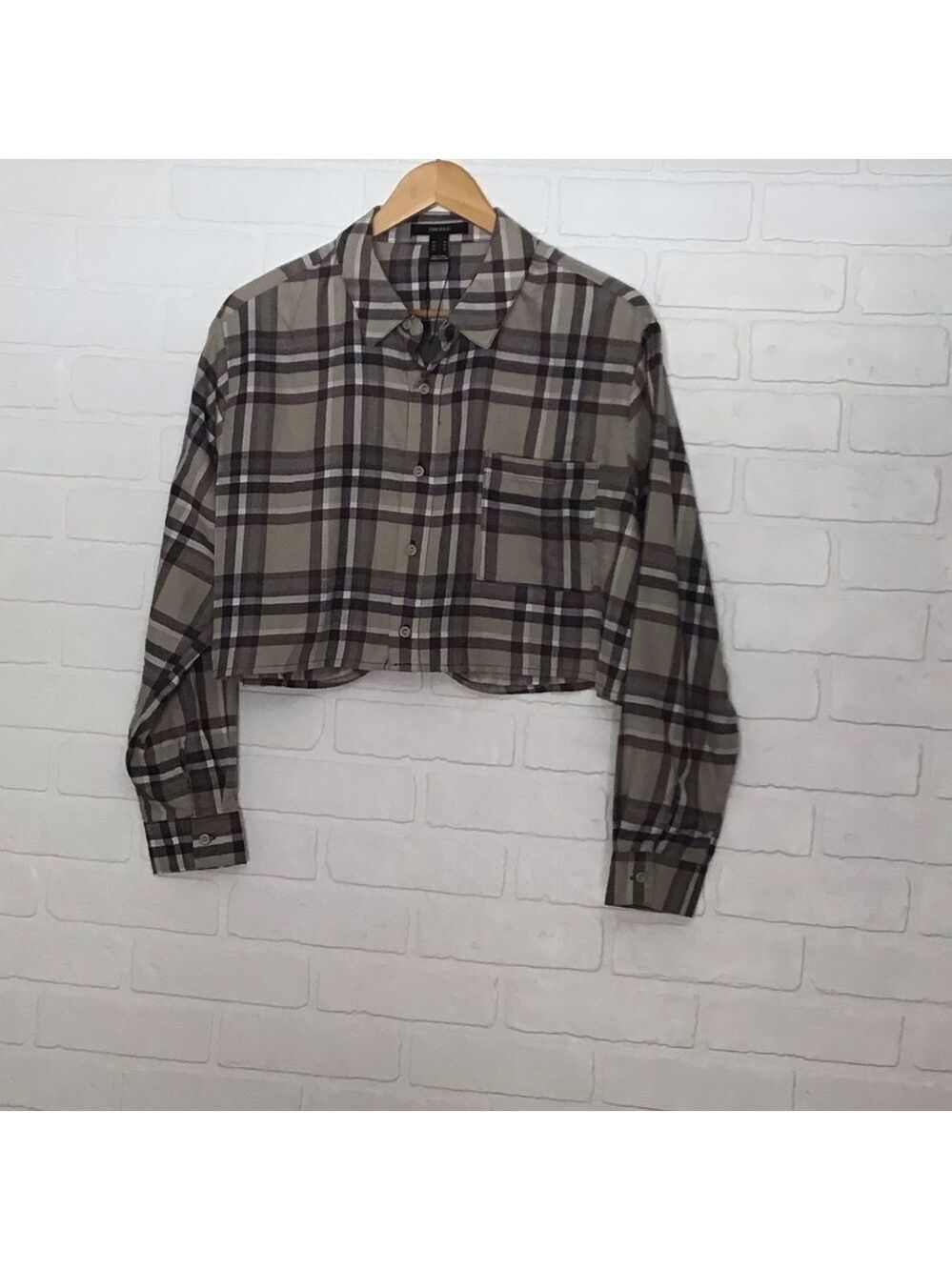2/40$ FLANNEL plaid checkers Forever 21 oversize Crop blouse plaid beige neutral - Picture 10 of 10